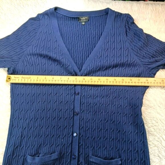 Talbots Prima Cotton Cable Knit Button Down Sweater Short Sleeve V-NECK Blue L.. - Picture 5 of 8